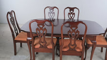 Load and play video in Gallery viewer, Pennsylvania House Solid Cherry Queen Anne Dining Table with 2 Leaves and 6 Chairs
