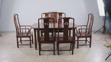 Load and play video in Gallery viewer, Henredon Pan Asian Vintage Mahogany Dining Table and Six Cane Seat Chairs with Two Leaves
