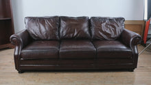 Load and play video in Gallery viewer, Bernhardt Brown Leather Three Cushion Sofa with Nailhead Trim
