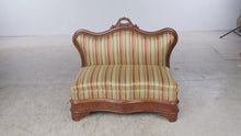 Load and play video in Gallery viewer, Small Victorian-Style Carved Wood Parlor Settee with Striped Upholstery
