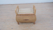 Load and play video in Gallery viewer, Vintage Wicker Storage Bench Ottoman With Cushion Seat Mid Century Coastal Style
