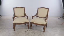 Load and play video in Gallery viewer, Pair of Bernhardt Carved Wood Accent Armchairs – Gold Geometric Upholstery – Made in USA
