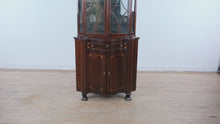 Load and play video in Gallery viewer, Mahogany Corner Curio Cabinet with Inlaid Banded Detail and Glazed Doors
