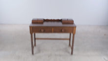 Load and play video in Gallery viewer, Antique Spool Leg Wood Writing Desk with Drawers and Lidded Compartments
