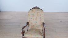 Load and play video in Gallery viewer, Vintage Upholstered Rocking Chair with Elephant &amp; Palm Tree Motif
