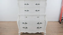 Load and play video in Gallery viewer, French Provincial Style Tall Chest of Drawers with Bombe Front and Carved Detail

