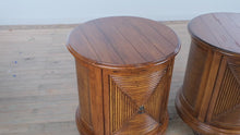 Load and play video in Gallery viewer, Henredon Tommy Bahama Style Round Rattan and Wood Nightstands – Pair
