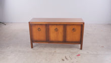 Load and play video in Gallery viewer, Vintage Three-Door Wood Console Cabinet with Drawers and Ring Pulls
