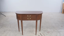 Load and play video in Gallery viewer, Mersman Vintage Demilune Console Table Mahogany Finish Single Drawer Brass Pulls
