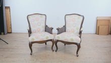 Load and play video in Gallery viewer, Pair Traditional Upholstered Armchairs with Cane Sides and Cabriole Legs
