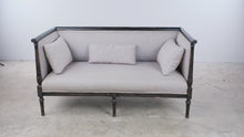 Load and play video in Gallery viewer, Neoclassical Style Upholstered Settee with Ebonized Carved Wood Frame
