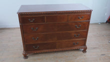 Load and play video in Gallery viewer, Union National Mahogany Bachelor’s Chest with Flamed Drawer Fronts and Greek Key Carved Trim
