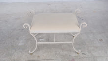 Load and play video in Gallery viewer, Cream Wrought Iron Scroll Vanity Bench Upholstered Seat Brass Feet
