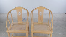 Load and play video in Gallery viewer, Pair of Chinese Chippendale Style Elm Horseshoe Arm Dining Chairs with Cane Seats
