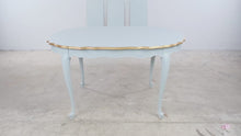 Load and play video in Gallery viewer, Vintage French Provincial Dining Table 3 Leaves Blue Gold Cabriole Legs

