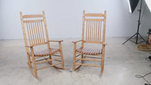 Load and play video in Gallery viewer, Pair of Cracker Barrel Solid Oak High Back Rocking Chairs
