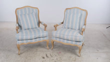 Load and play video in Gallery viewer, Pair of French Provincial Louis XV Style Bergère Armchairs – Blue Striped Upholstery &amp; Down Cushions
