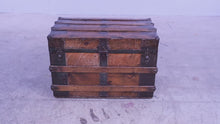 Load and play video in Gallery viewer, Antique Flat Top Wooden Steamer Trunk with Metal Banding – Rustic Storage Chest
