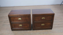 Load and play video in Gallery viewer, Mid-Century Thomasville Campaign-Style Nightstands – Pair – Solid Wood, Brass Hardware
