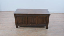 Load and play video in Gallery viewer, Vintage Solid Oak Hope Chest Blanket Storage Trunk Carved Panel Front
