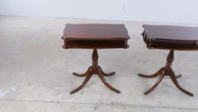 Load and play video in Gallery viewer, Pair of Brandt Mahogany Pedestal End Tables with Magazine Shelves - Online Only
