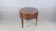 Load and play video in Gallery viewer, Henredon Acquisitions Round Burl Wood Drum End Table with Drawers
