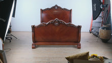 Load and play video in Gallery viewer, Traditional Carved Queen Size Bed Frame with Scrollwork

