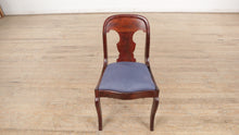 Load and play video in Gallery viewer, Flamed Mahogany Saber Legged Chair - Blue Upholstery
