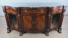 Load and play video in Gallery viewer, Henredon Natchez Collection Mahogany Sideboard with Black Marble Top and Lighted Curio Cabinets
