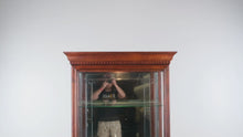 Load and play video in Gallery viewer, Illuminated Cherry Glass Curio Cabinet with Frosted Floral Detai
