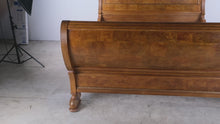 Load and play video in Gallery viewer, Bernhardt King Size Burl Wood Sleigh Bed with Carved Feet
