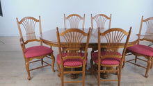 Load and play video in Gallery viewer, 🍽️ Carolina Oak Dining Set – Pedestal Table with Leaf &amp; 6 Chairs
