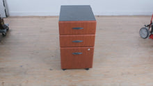 Load and play video in Gallery viewer, Mid Century Style Rolling Wood and Metal 3 Drawer File Cabinet on Casters

