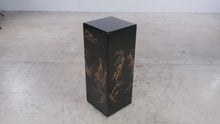 Load and play video in Gallery viewer, Vintage Asian Black Lacquer Pedestal Stand Gold Landscape Chinoiserie 30 Inch
