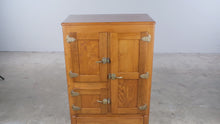 Load and play video in Gallery viewer, Antique Oak Ice Box Four Door Zinc Lined Refrigerator Original Hardware
