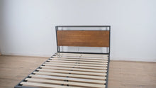 Load and play video in Gallery viewer, Modern Bamboo &amp; Metal Queen Platform Bed with USB Ports &amp; Headboard Shelf
