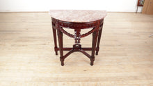 Load and play video in Gallery viewer, Carved Mahogany Demi Lune Console Table with a Marble Top
