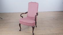 Load and play video in Gallery viewer, Wesley Hall Mahogany Arm Chair – Pink Jacquard Upholstery
