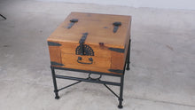 Load and play video in Gallery viewer, Rustic Solid Wood Trunk Side Table with Storage Drawer and Iron Base
