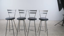 Load and play video in Gallery viewer, Set of Four Amisco Metal Bar Stools with Black Upholstered Seats
