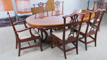 Load and play video in Gallery viewer, Henredon Regency Burl Wood Double Pedestal Dining Set with 6 Chairs and Two Leaves

