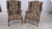 Load and play video in Gallery viewer, Pair of Traditional Wingback Chairs with Damask Upholstery and Claw Feet
