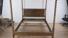 Load and play video in Gallery viewer, Carved Oak Barley Twist King Size Canopy Bed Attributed to Baker Milling Road
