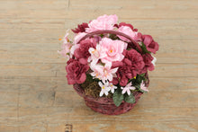 Load image into Gallery viewer, Romantic Pink &amp; Burgundy Faux Flower Arrangement in Woven Basket – 10&quot; Round Centerpiece
