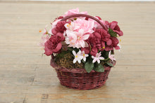 Load image into Gallery viewer, Romantic Pink &amp; Burgundy Faux Flower Arrangement in Woven Basket – 10&quot; Round Centerpiece
