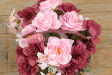 Load image into Gallery viewer, Romantic Pink &amp; Burgundy Faux Flower Arrangement in Woven Basket – 10&quot; Round Centerpiece
