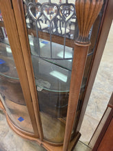 Load image into Gallery viewer, Antique Tiger Oak Curved Glass Curio Cabinet with Leaded Glass and Claw Feet
