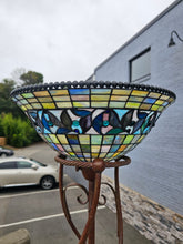 Load image into Gallery viewer, Tiffany-Style Torchiere Floor Lamp with Twisting Metal Base – Stained Glass Shade
