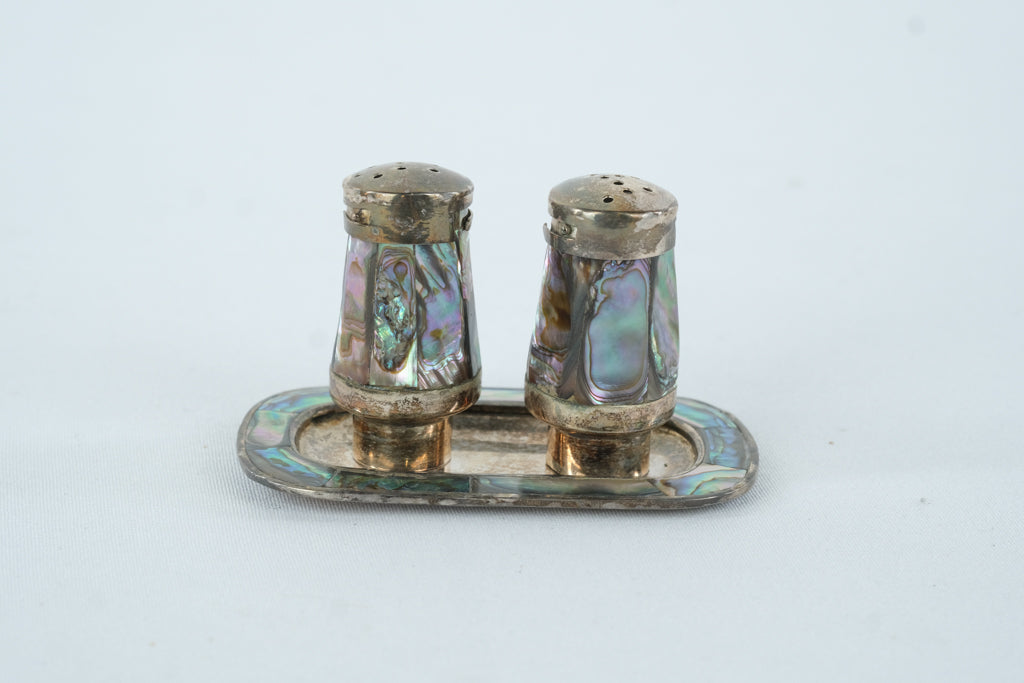 Vintage Mexican Alpaca Silver & Abalone Salt & Pepper Shakers with Tray – Mid-Century Handmade