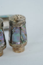 Load image into Gallery viewer, Vintage Mexican Alpaca Silver &amp; Abalone Salt &amp; Pepper Shakers with Tray – Mid-Century Handmade
